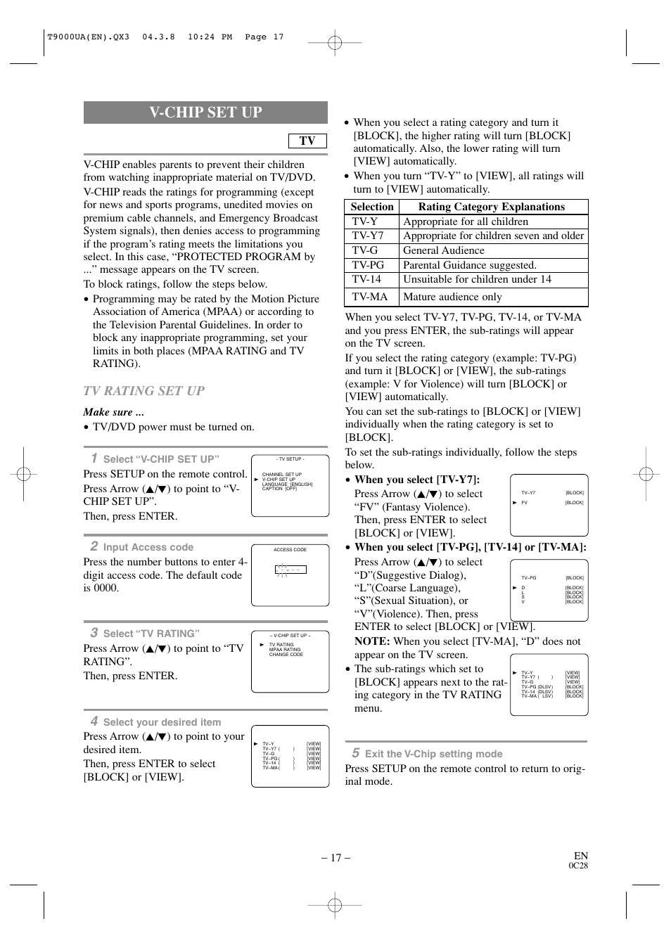 V-chip set up, Tv rating set up, Make sure | Tv/dvd power must be turned on | Sylvania 6520FDE User Manual | Page 17 / 34