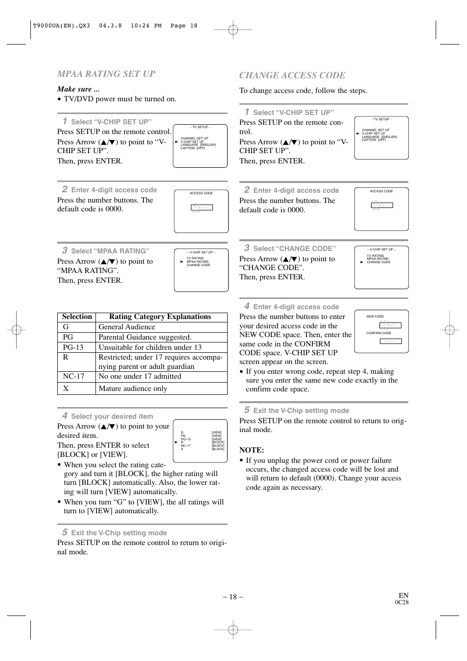 Mpaa rating set up, Change access code | Sylvania 6520FDE User Manual | Page 18 / 34