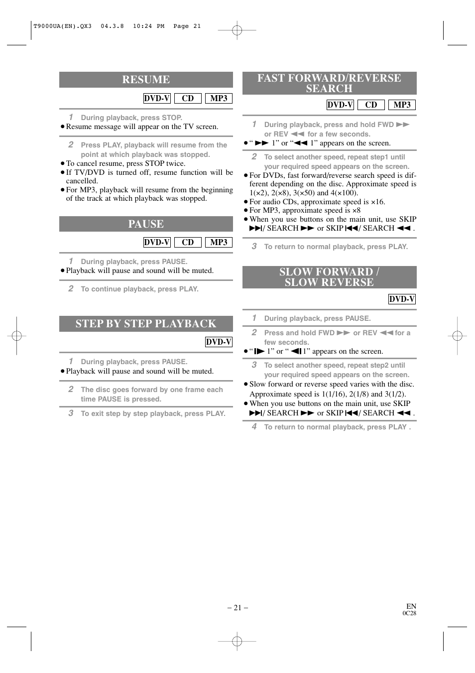 Step by step playback, Resume, Pause | Sylvania 6520FDE User Manual | Page 21 / 34