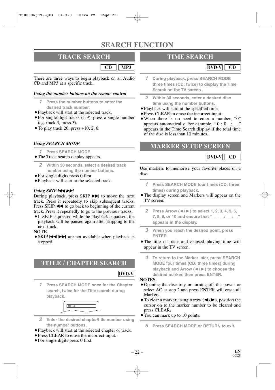 Search function, Track search, Title / chapter search | Time search, Marker setup screen | Sylvania 6520FDE User Manual | Page 22 / 34