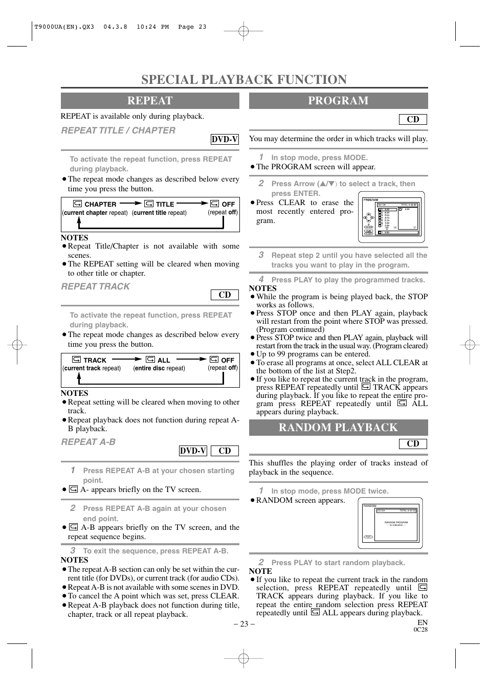 Special playback function, Repeat, Program | Random playback | Sylvania 6520FDE User Manual | Page 23 / 34