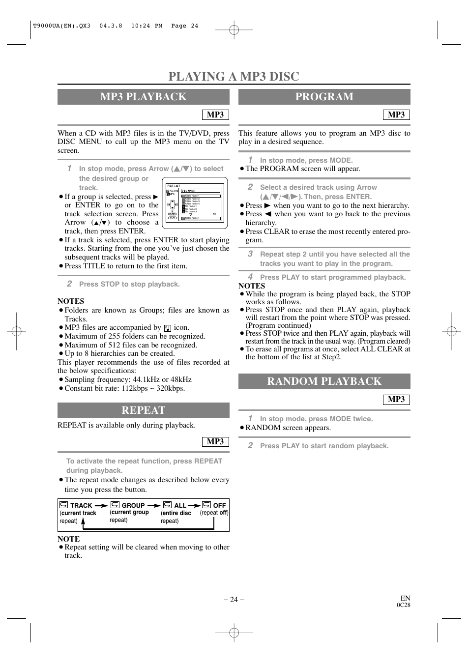 Playing a mp3 disc, Mp3 playback, Random playback | Program repeat | Sylvania 6520FDE User Manual | Page 24 / 34