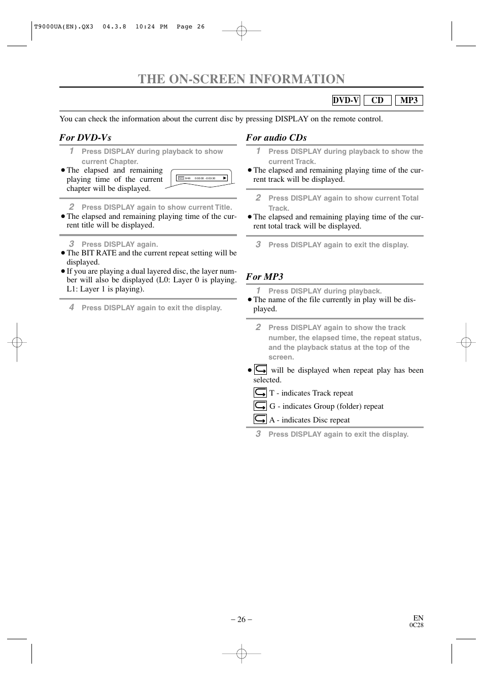 The on-screen information, For dvd-vs, For audio cds | For mp3 | Sylvania 6520FDE User Manual | Page 26 / 34