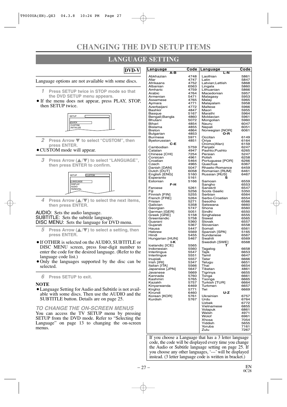 Changing the dvd setup items, Language setting, Dvd-v | Language options are not available with some discs, Custom mode will appear | Sylvania 6520FDE User Manual | Page 27 / 34