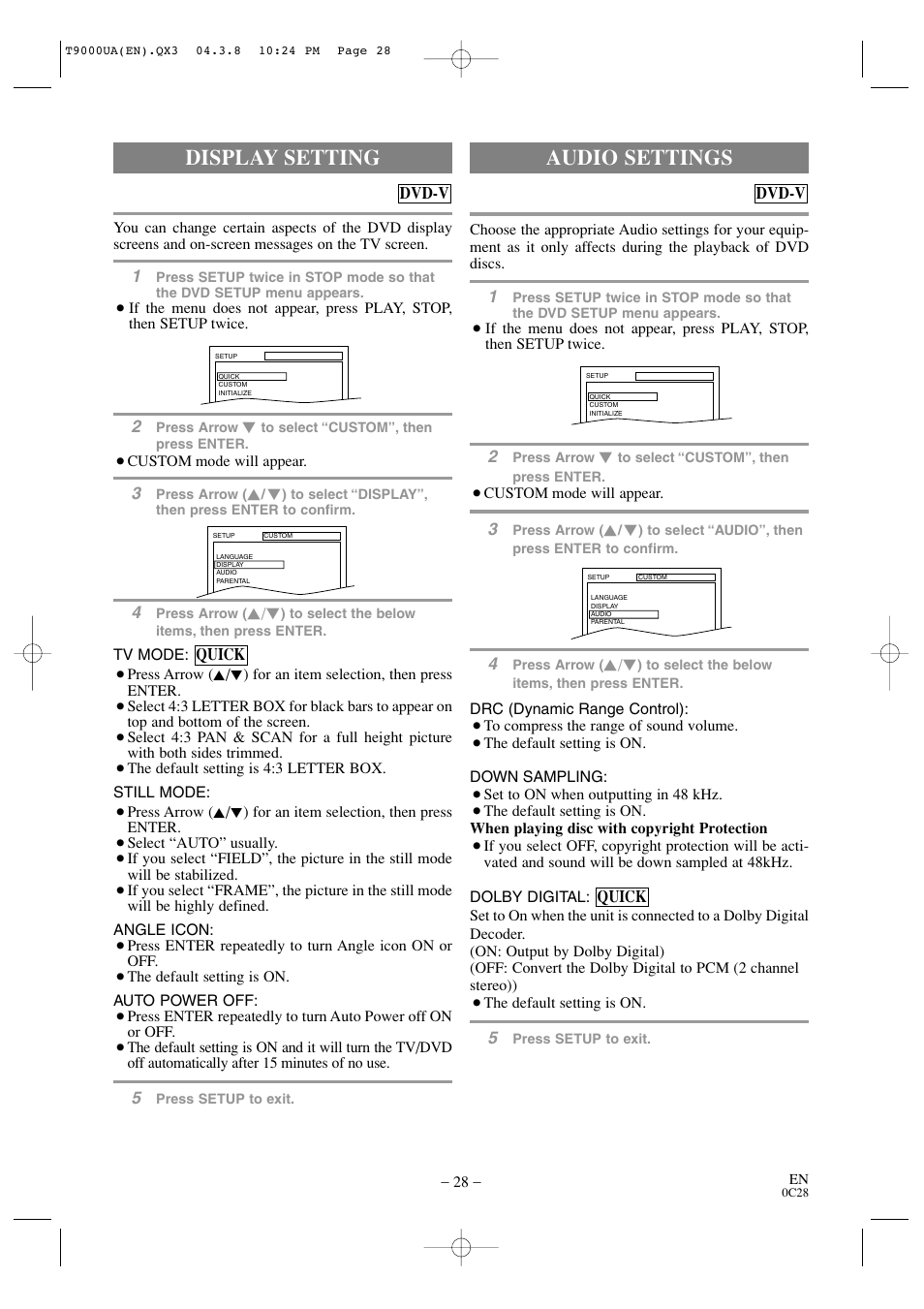 Audio settings, Display setting | Sylvania 6520FDE User Manual | Page 28 / 34