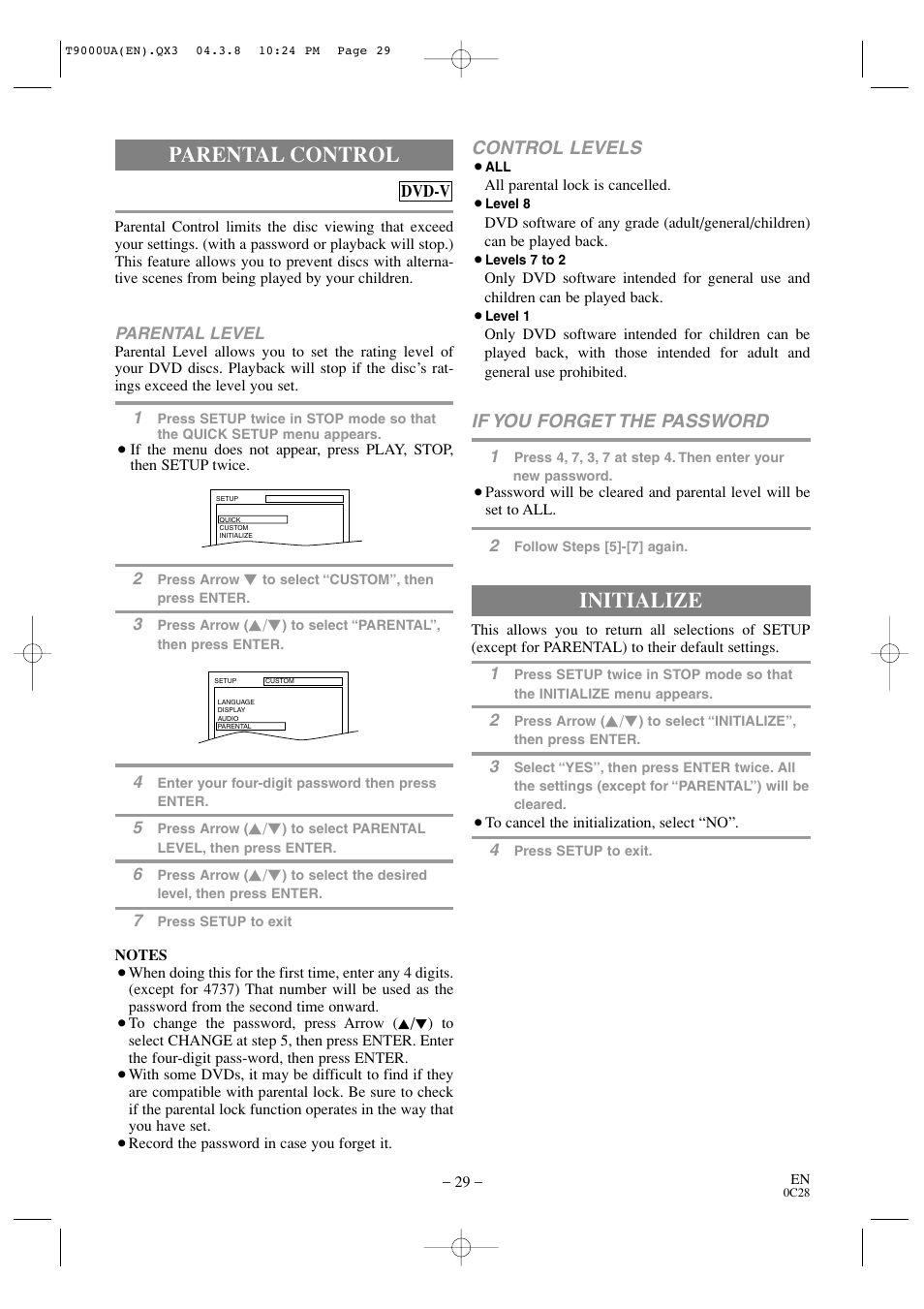 Parental control, Initialize, Control levels | If you forget the password | Sylvania 6520FDE User Manual | Page 29 / 34