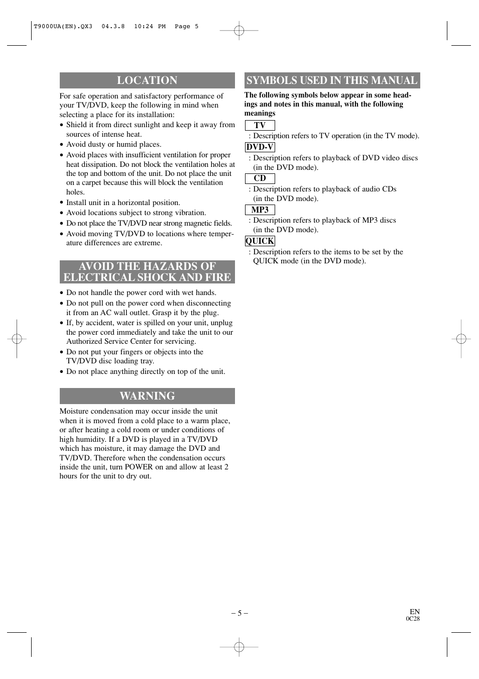 Warning, Symbols used in this manual | Sylvania 6520FDE User Manual | Page 5 / 34