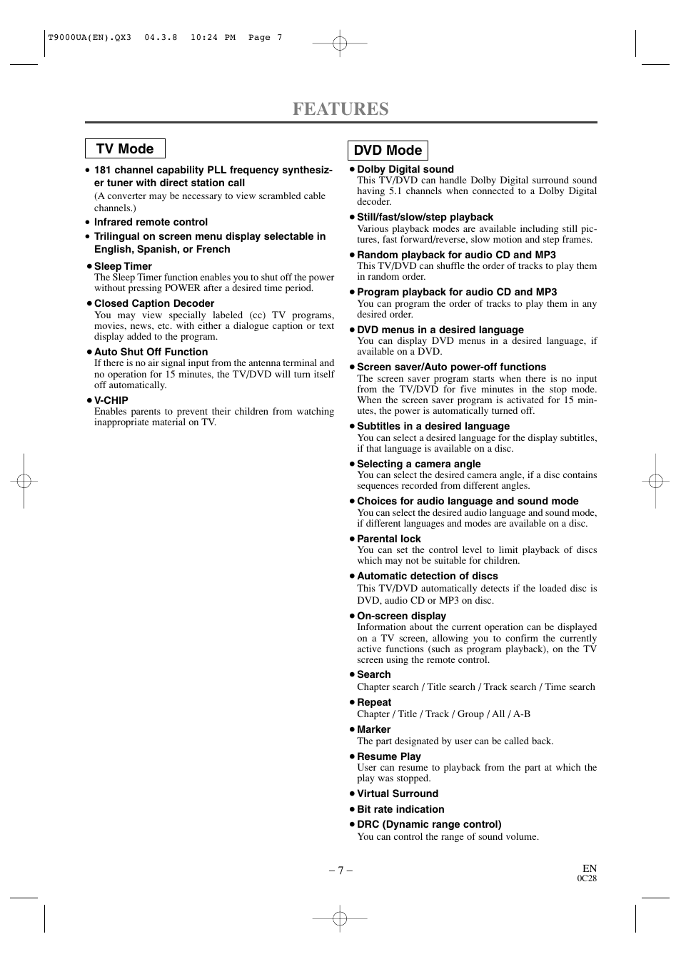 Features, Tv mode dvd mode | Sylvania 6520FDE User Manual | Page 7 / 34