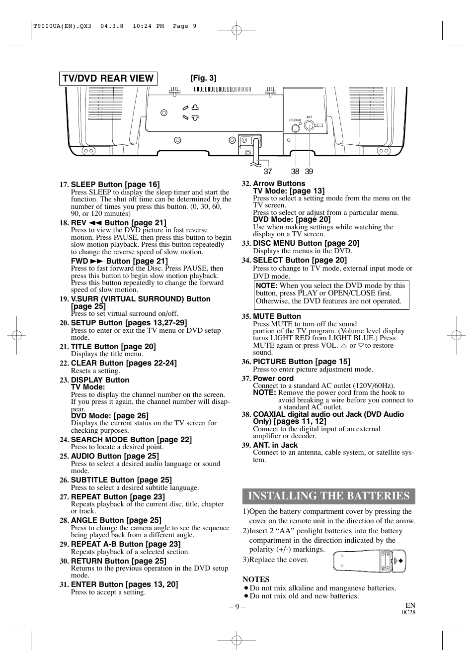 Installing the batteries, Tv/dvd rear view | Sylvania 6520FDE User Manual | Page 9 / 34