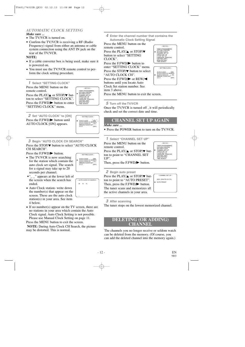 Deleting (or adding) channel channel set up again, Automatic clock setting | Sylvania 6313CD User Manual | Page 12 / 32