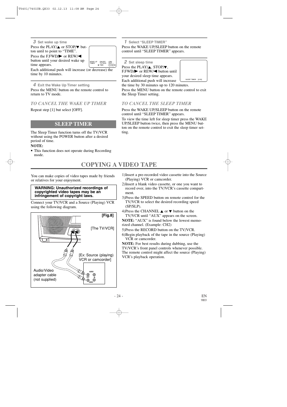 Copying a video tape, Sleep timer | Sylvania 6313CD User Manual | Page 24 / 32