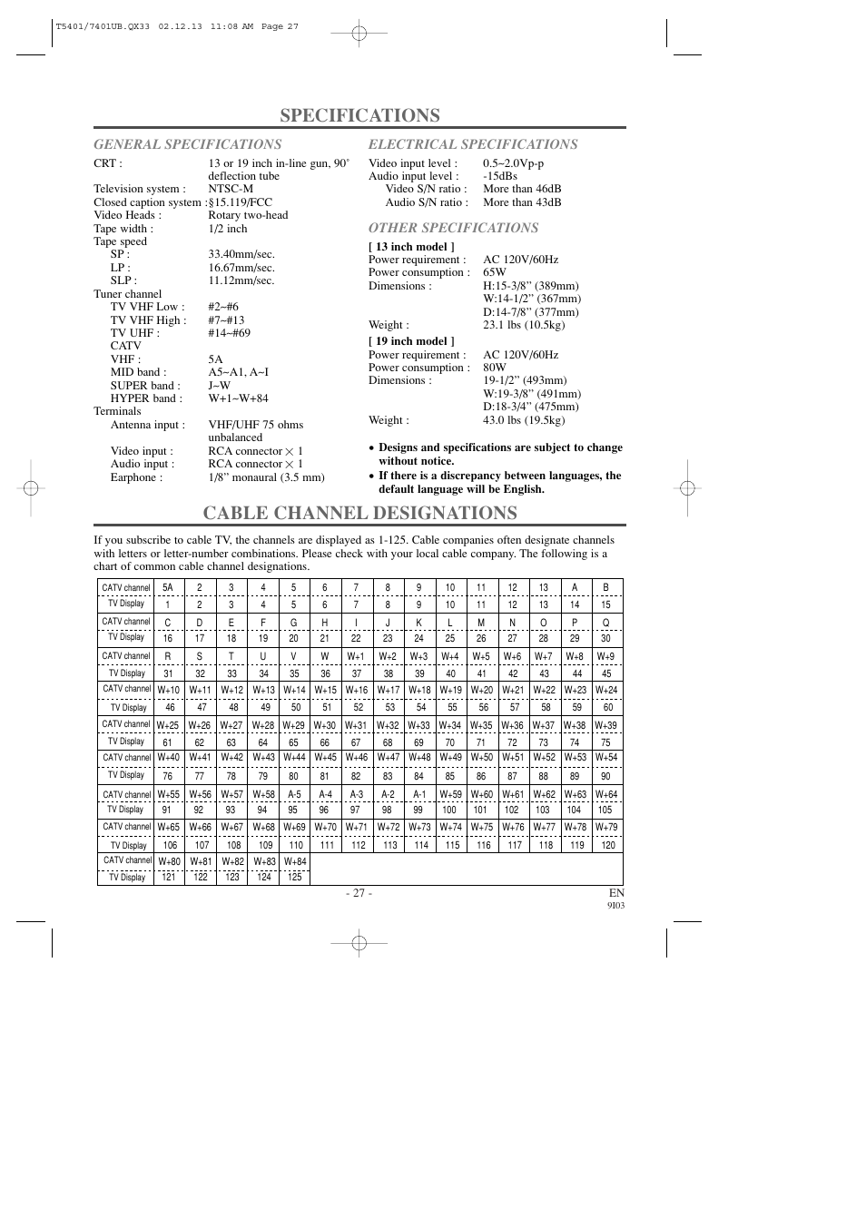 Specifications, Cable channel designations | Sylvania 6313CD User Manual | Page 27 / 32