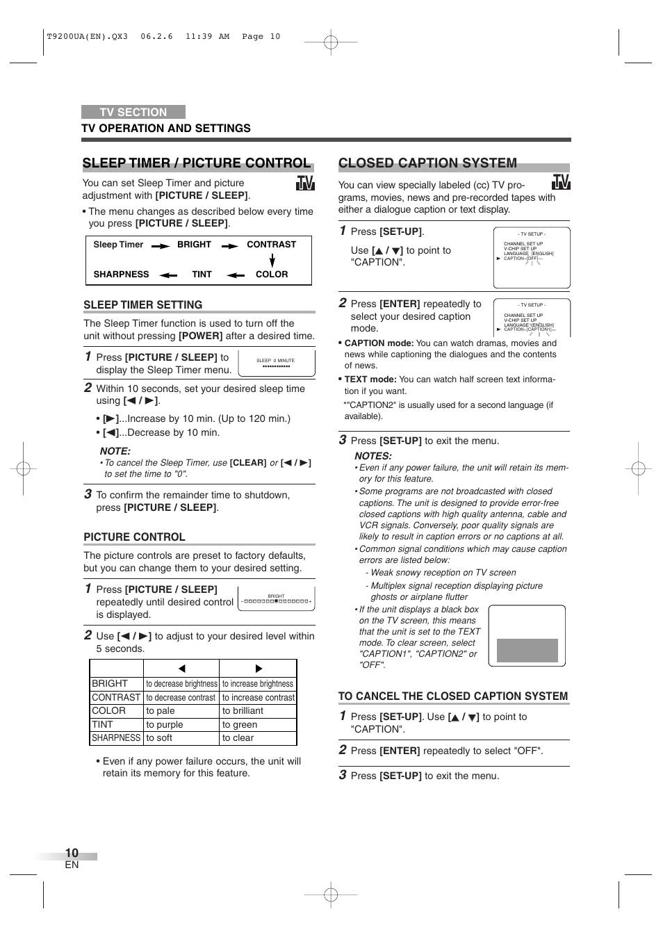 Closed caption system, Sleep timer / picture control, Sleep timer setting | Picture control | Sylvania 6520FDG User Manual | Page 10 / 36