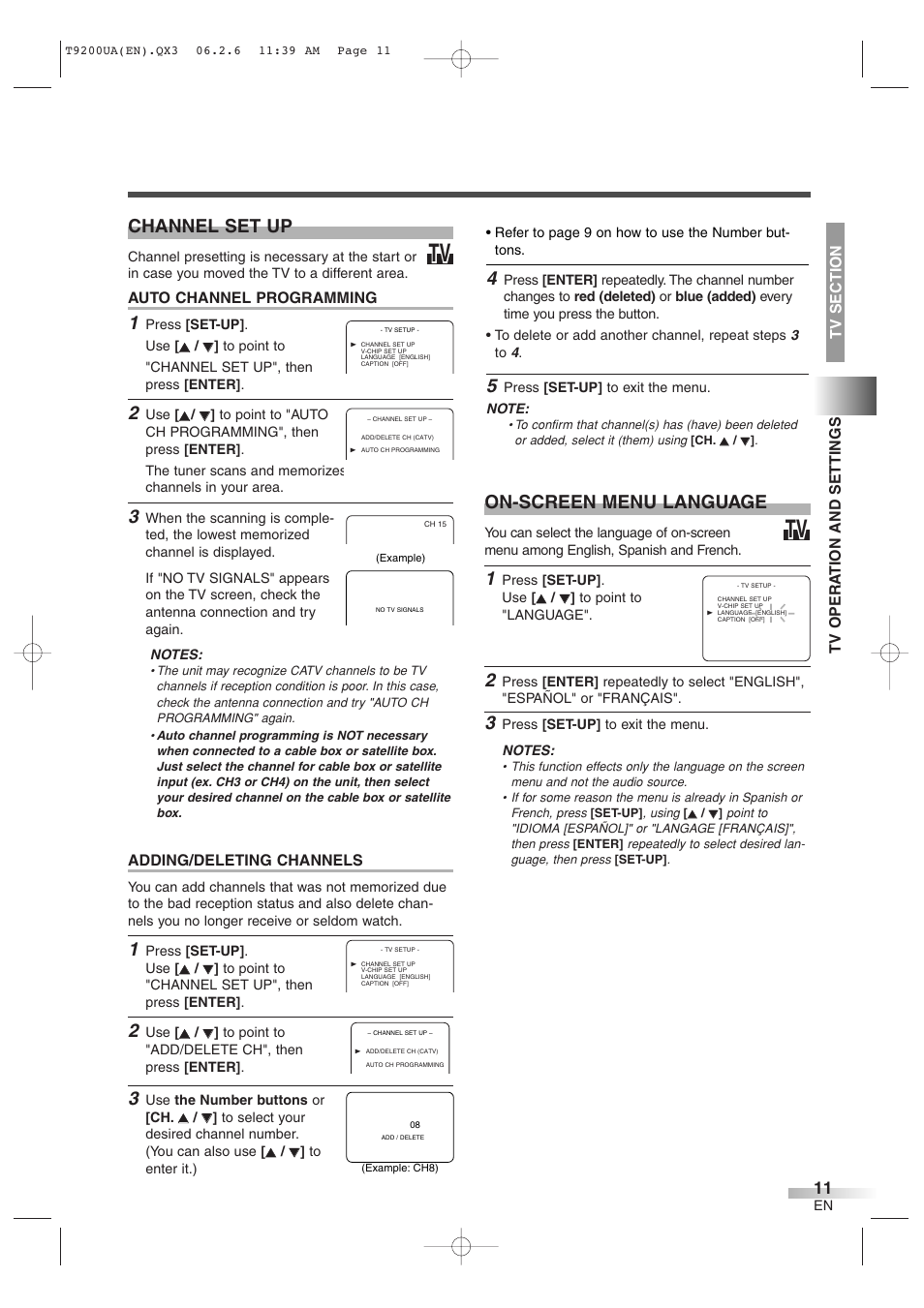 On-screen menu language, Channel set up | Sylvania 6520FDG User Manual | Page 11 / 36