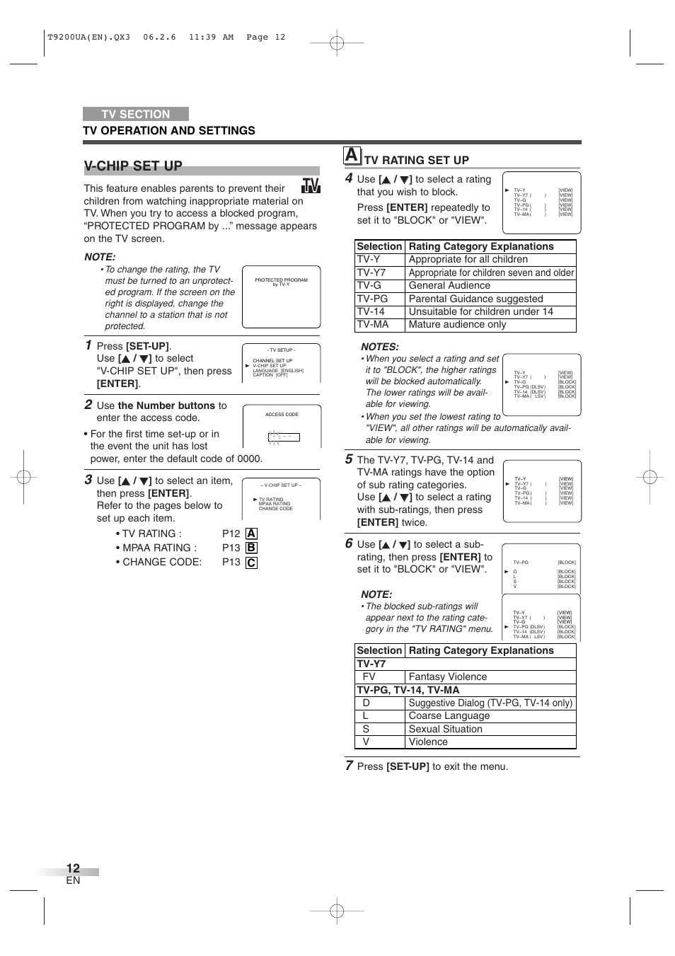 V-chip set up, Tv rating set up, A b c | Sylvania 6520FDG User Manual | Page 12 / 36