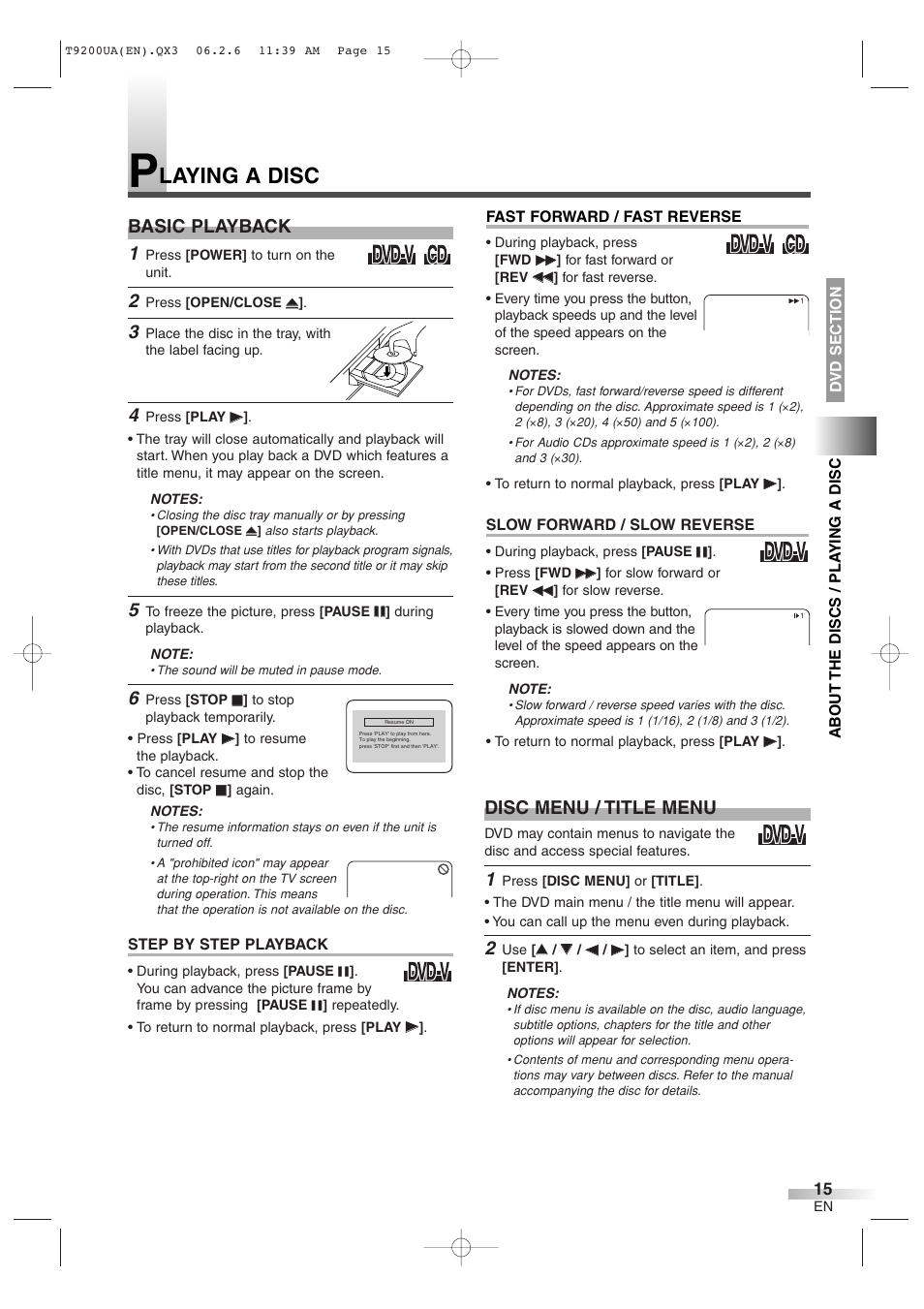 Laying a disc, Basic playback, Disc menu / title menu | Sylvania 6520FDG User Manual | Page 15 / 36