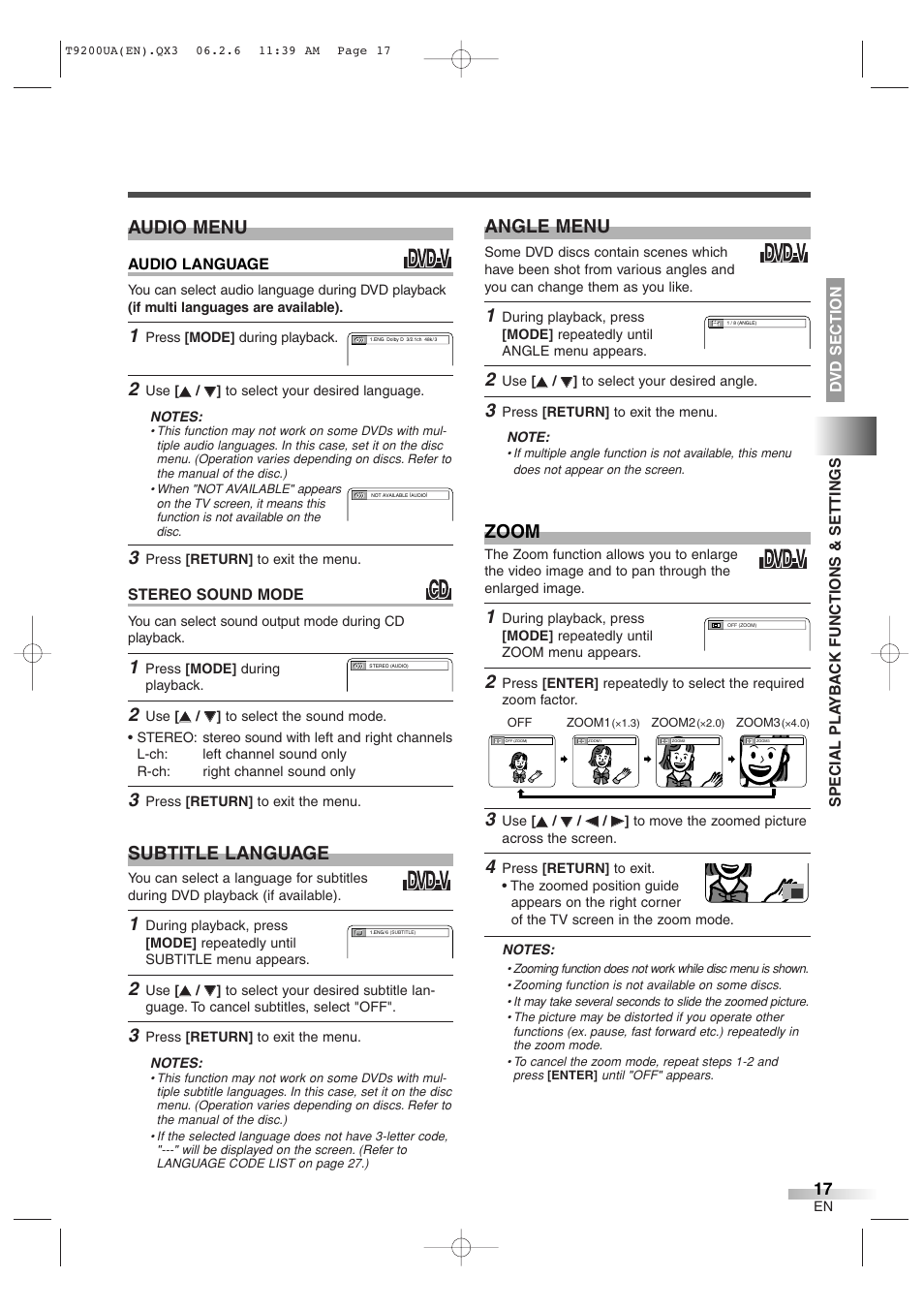 Zoom, Audio menu, Subtitle language | Angle menu | Sylvania 6520FDG User Manual | Page 17 / 36