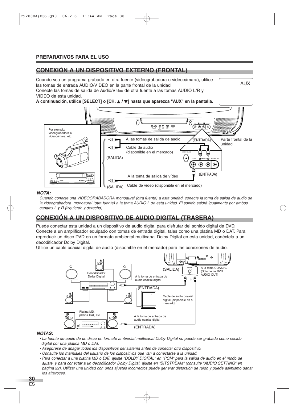 Conexión a un dispositivo externo (frontal), Preparativos para el uso, Ant. coaxial | Notas, Nota | Sylvania 6520FDG User Manual | Page 30 / 36