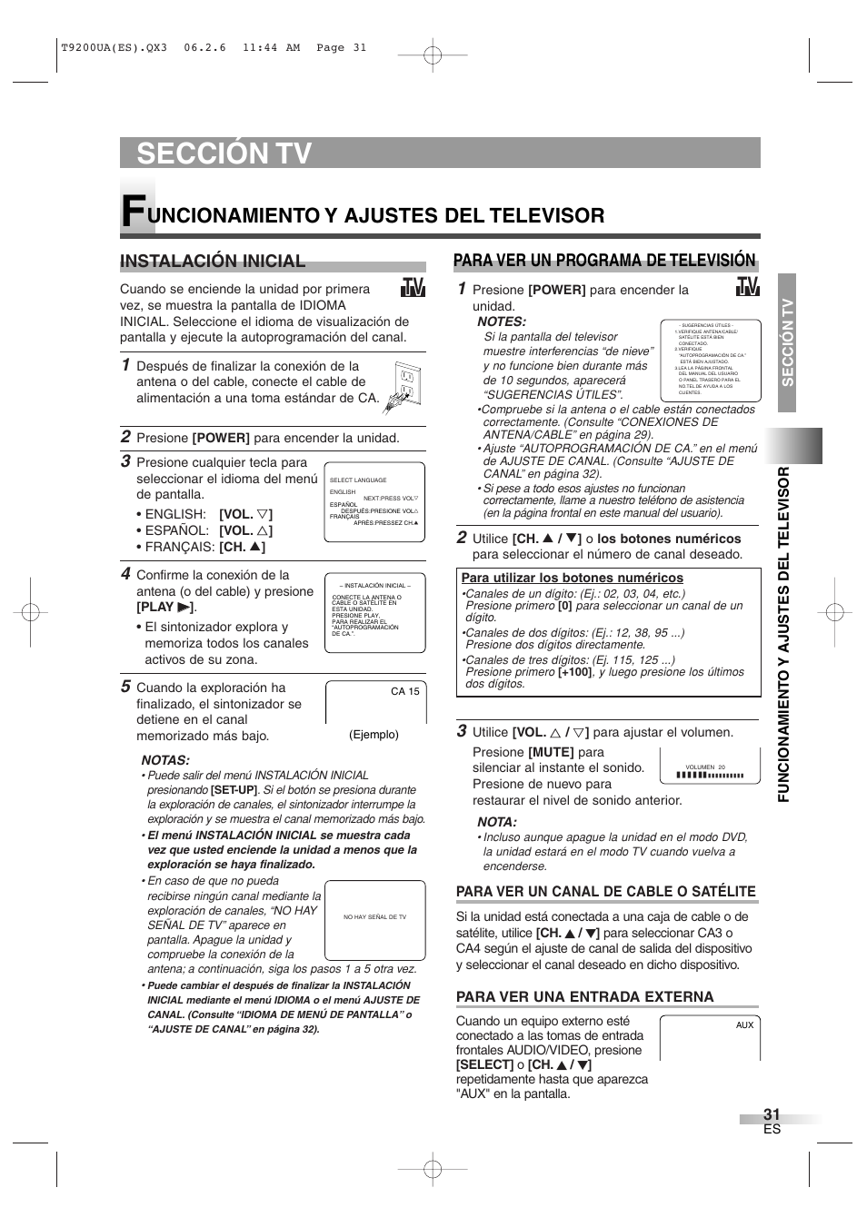 Sección tv, Uncionamiento y ajustes del televisor, Instalación inicial | Para ver un programa de televisión | Sylvania 6520FDG User Manual | Page 31 / 36