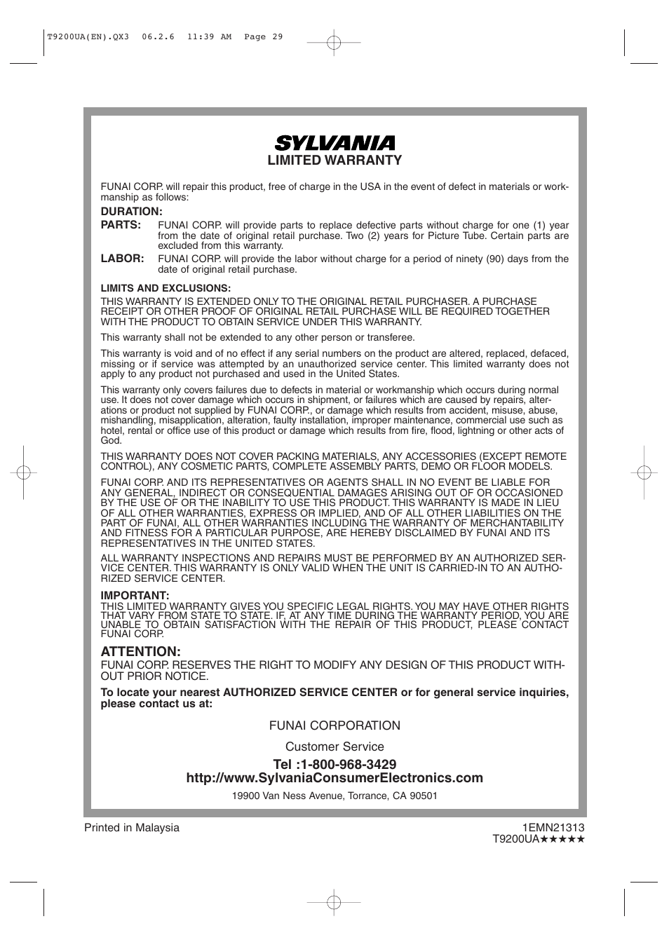 Limited warranty, Attention | Sylvania 6520FDG User Manual | Page 36 / 36