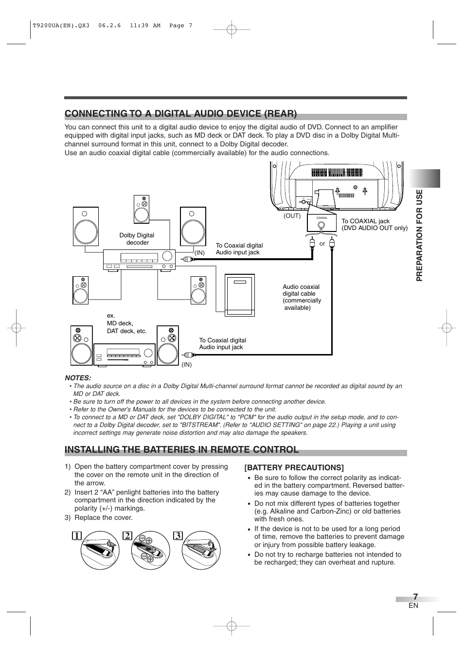 Connecting to a digital audio device (rear), 21 3 installing the batteries in remote control | Sylvania 6520FDG User Manual | Page 7 / 36