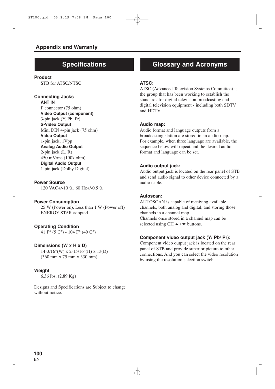 Glossary and acronyms specifications | Sylvania SRZ3000 User Manual | Page 100 / 108