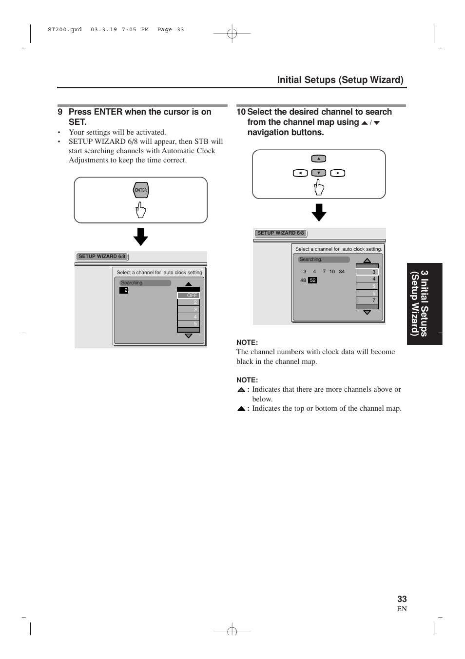 3 initial setups (setup wizar d), Initial setups (setup wizard), 9 press enter when the cursor is on set | Navigation buttons | Sylvania SRZ3000 User Manual | Page 33 / 108