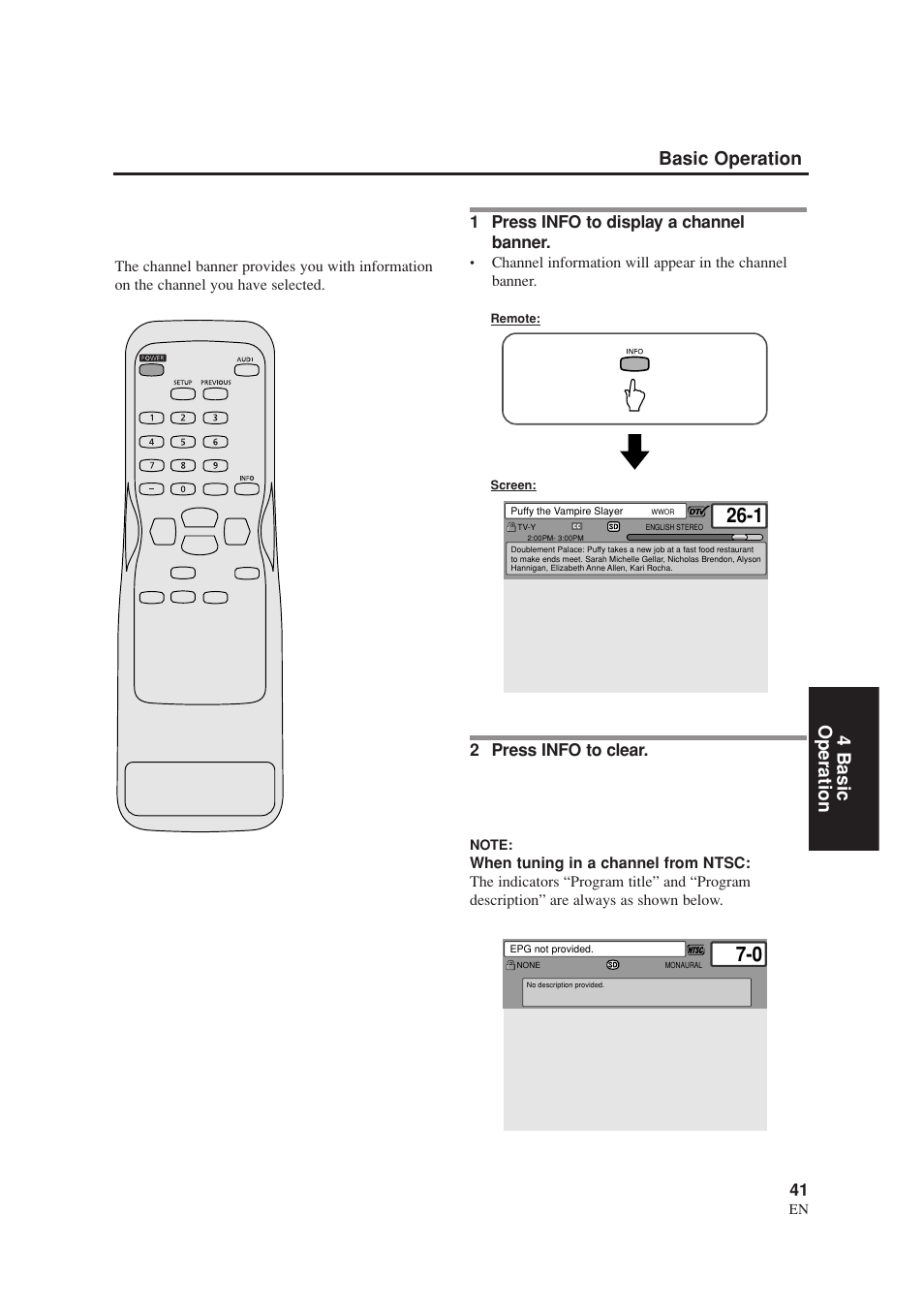 Basic operation 4 basic operation, 1 press info to display a channel banner, 2 press info to clear | Sylvania SRZ3000 User Manual | Page 41 / 108