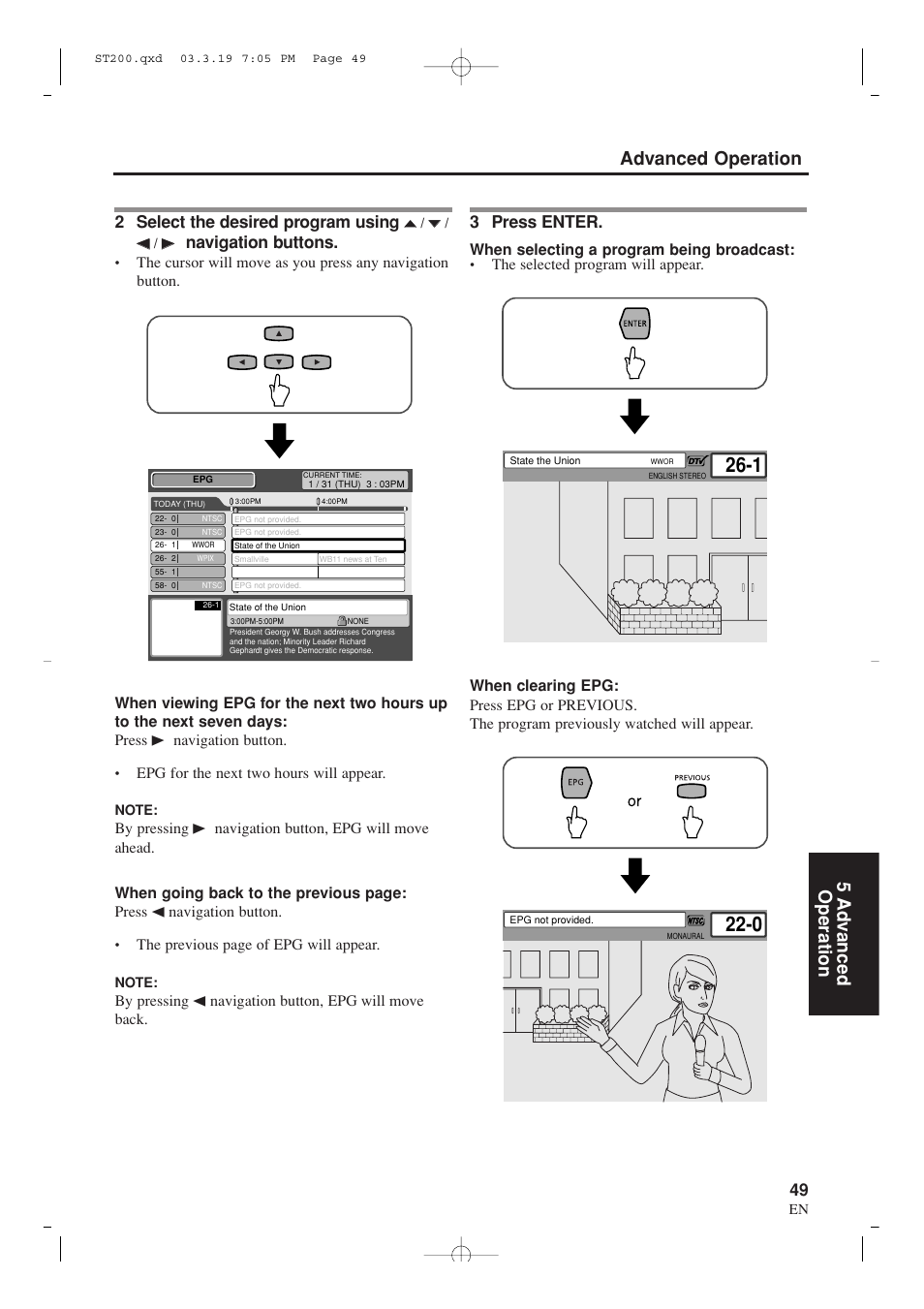 Advanced operation 5 ad v anced operation, 2 select the desired program using, Navigation buttons | 3 press enter | Sylvania SRZ3000 User Manual | Page 49 / 108