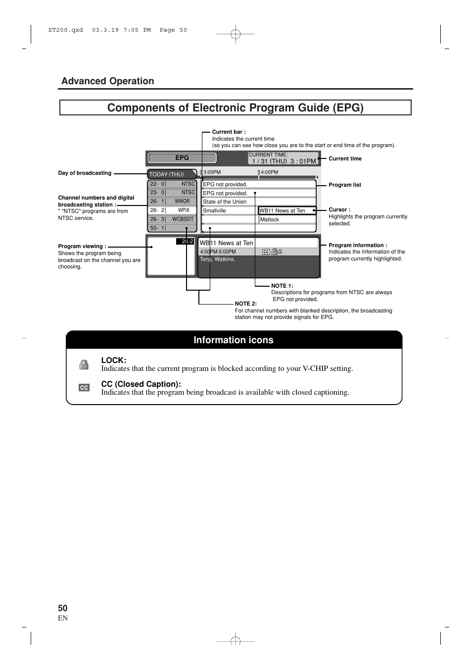 Components of electronic program guide (epg), Advanced operation information icons | Sylvania SRZ3000 User Manual | Page 50 / 108