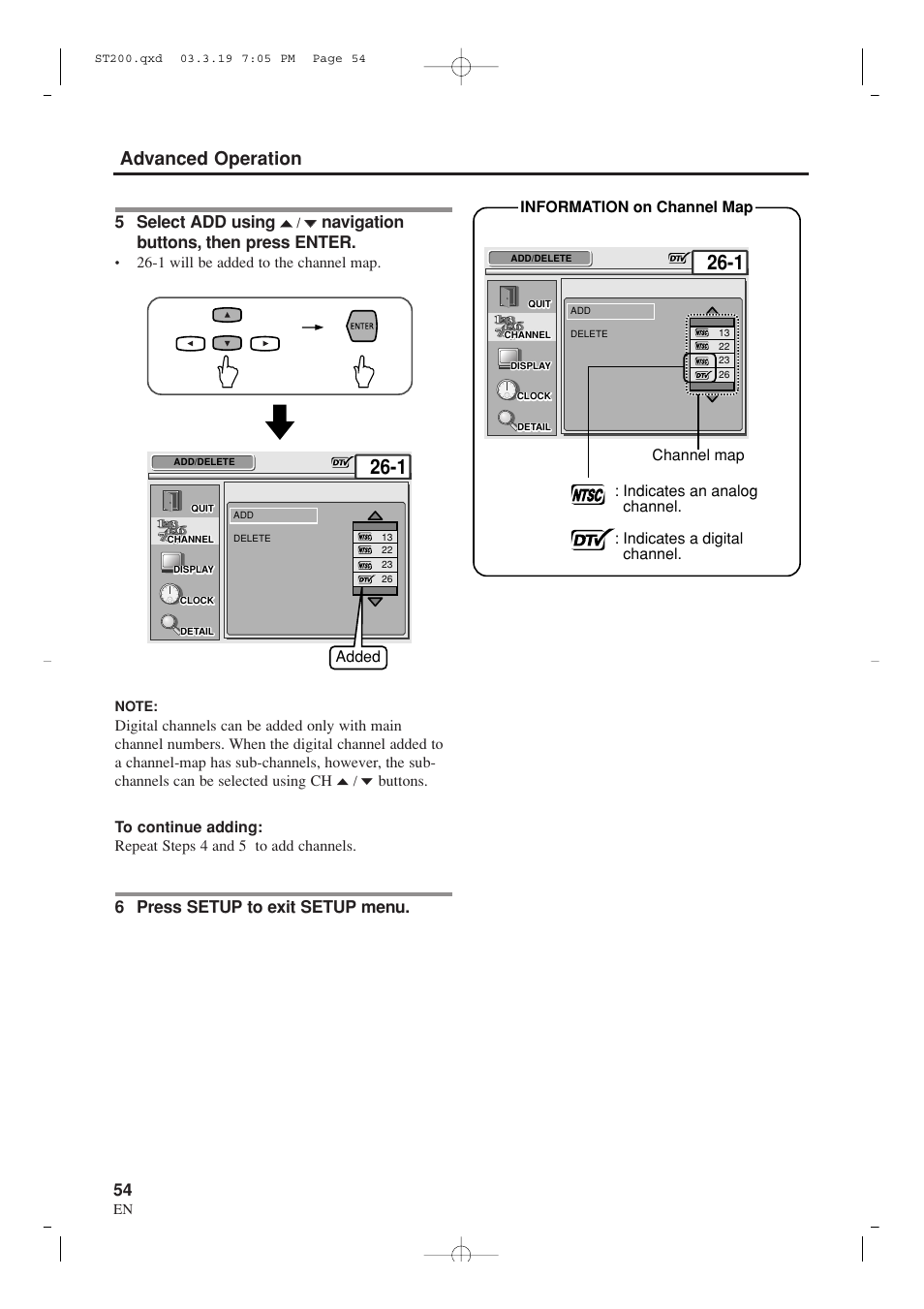 Advanced operation, 5 select add using, Navigation buttons, then press enter | 6 press setup to exit setup menu | Sylvania SRZ3000 User Manual | Page 54 / 108