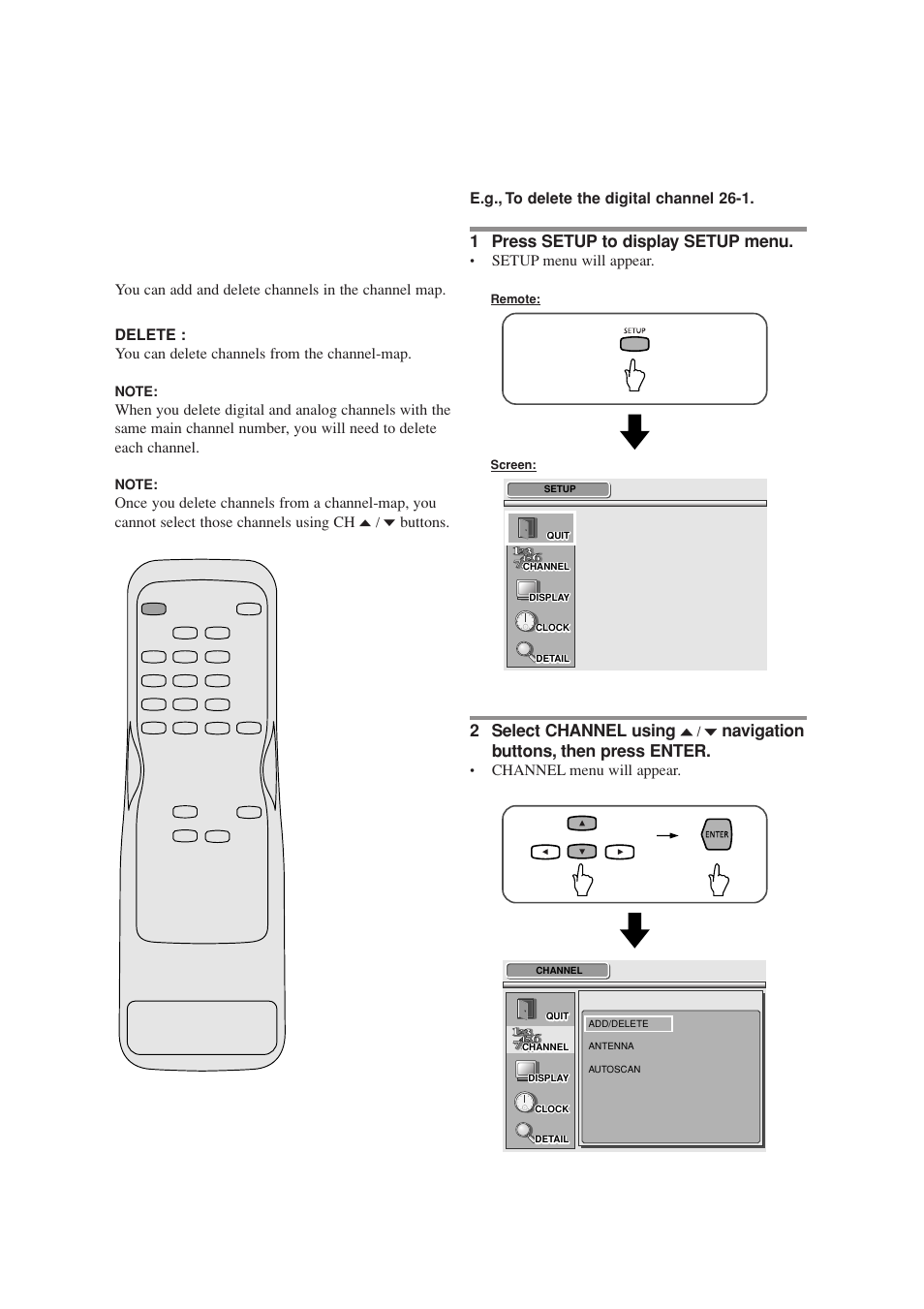 1 press setup to display setup menu, 2 select channel using, Navigation buttons, then press enter | Sylvania SRZ3000 User Manual | Page 55 / 108