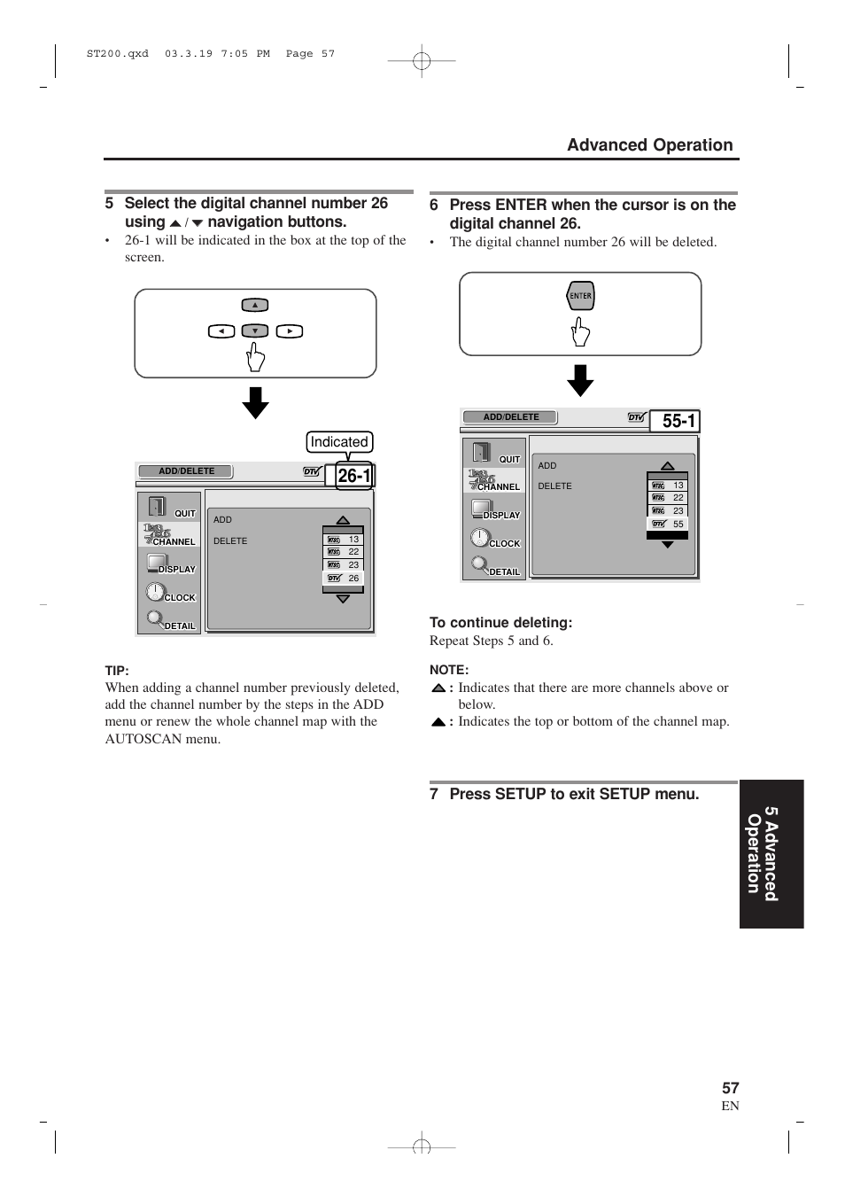 Advanced operation 5 ad v anced operation, 5 select the digital channel number 26 using, Navigation buttons | 7 press setup to exit setup menu | Sylvania SRZ3000 User Manual | Page 57 / 108