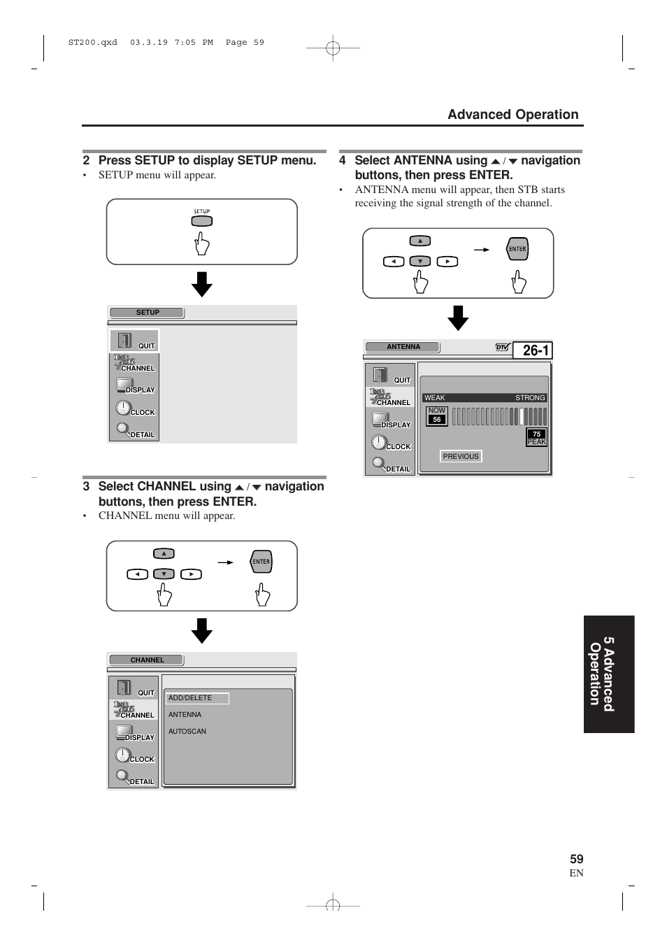 Advanced operation 5 ad v anced operation, 2 press setup to display setup menu, 3 select channel using | Navigation buttons, then press enter, 4 select antenna using | Sylvania SRZ3000 User Manual | Page 59 / 108