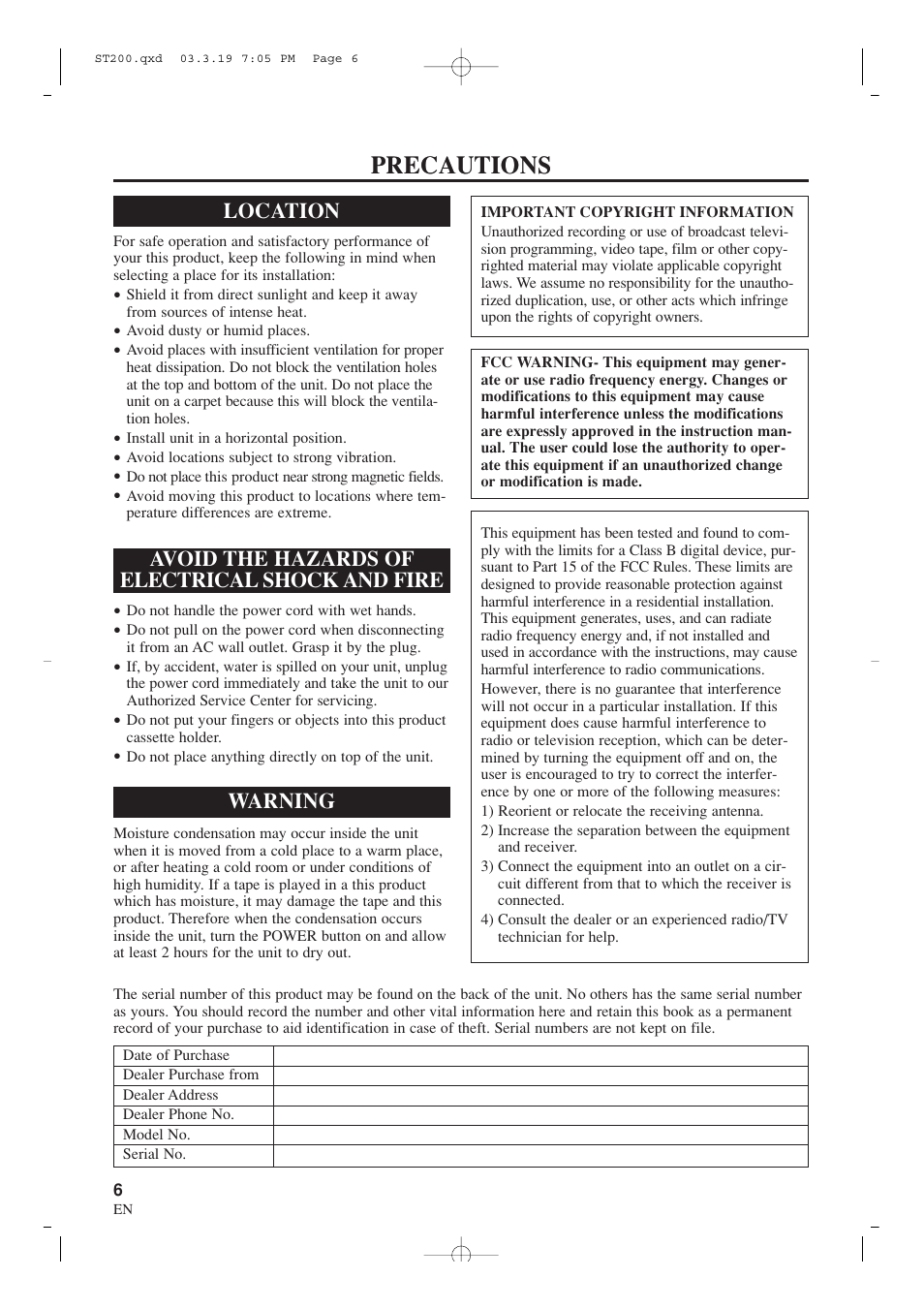 Precautions, Avoid the hazards of electrical shock and fire, Location | Warning | Sylvania SRZ3000 User Manual | Page 6 / 108