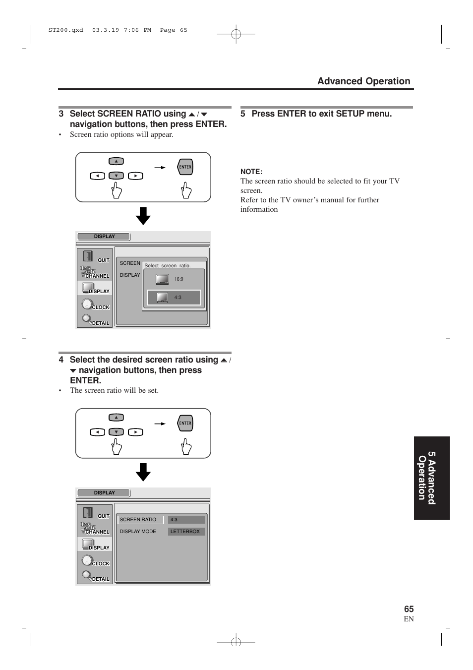 Advanced operation 5 ad v anced operation, 3 select screen ratio using, Navigation buttons, then press enter | 4 select the desired screen ratio using, 5 press enter to exit setup menu | Sylvania SRZ3000 User Manual | Page 65 / 108