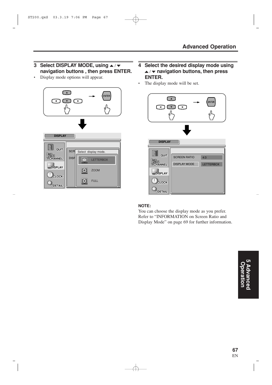 Advanced operation 5 ad v anced operation, 3 select display mode, using, Navigation buttons , then press enter | 4 select the desired display mode using, Navigation buttons, then press enter | Sylvania SRZ3000 User Manual | Page 67 / 108