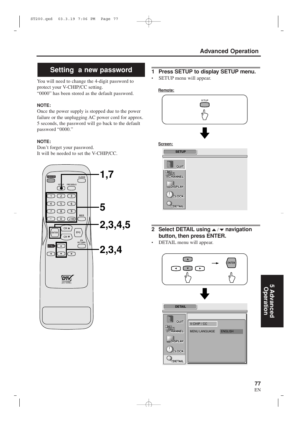 Setting a new password, Advanced operation 5 ad v anced operation | Sylvania SRZ3000 User Manual | Page 77 / 108