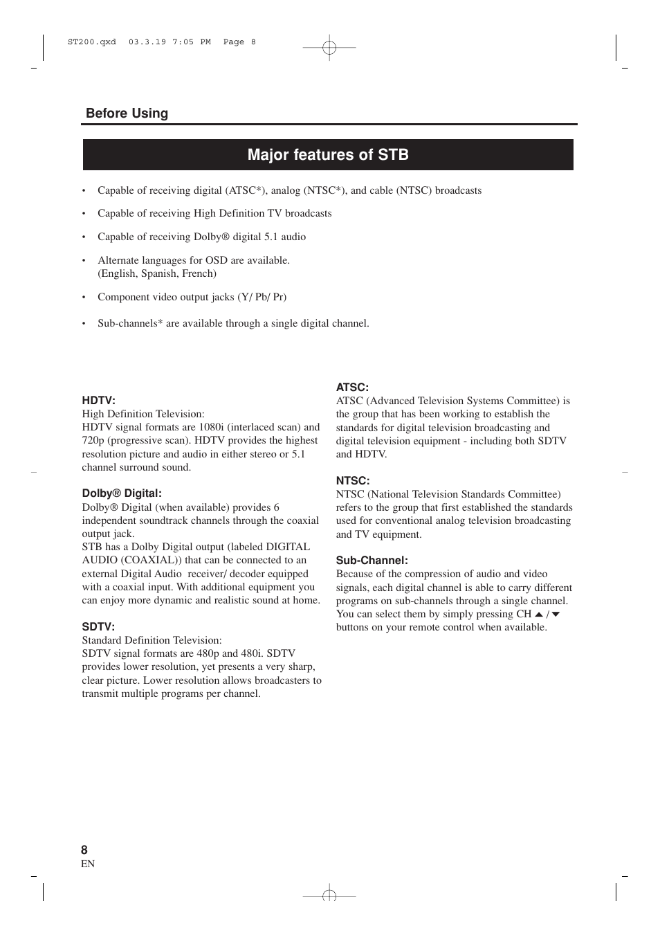 Major features of stb, Before using | Sylvania SRZ3000 User Manual | Page 8 / 108