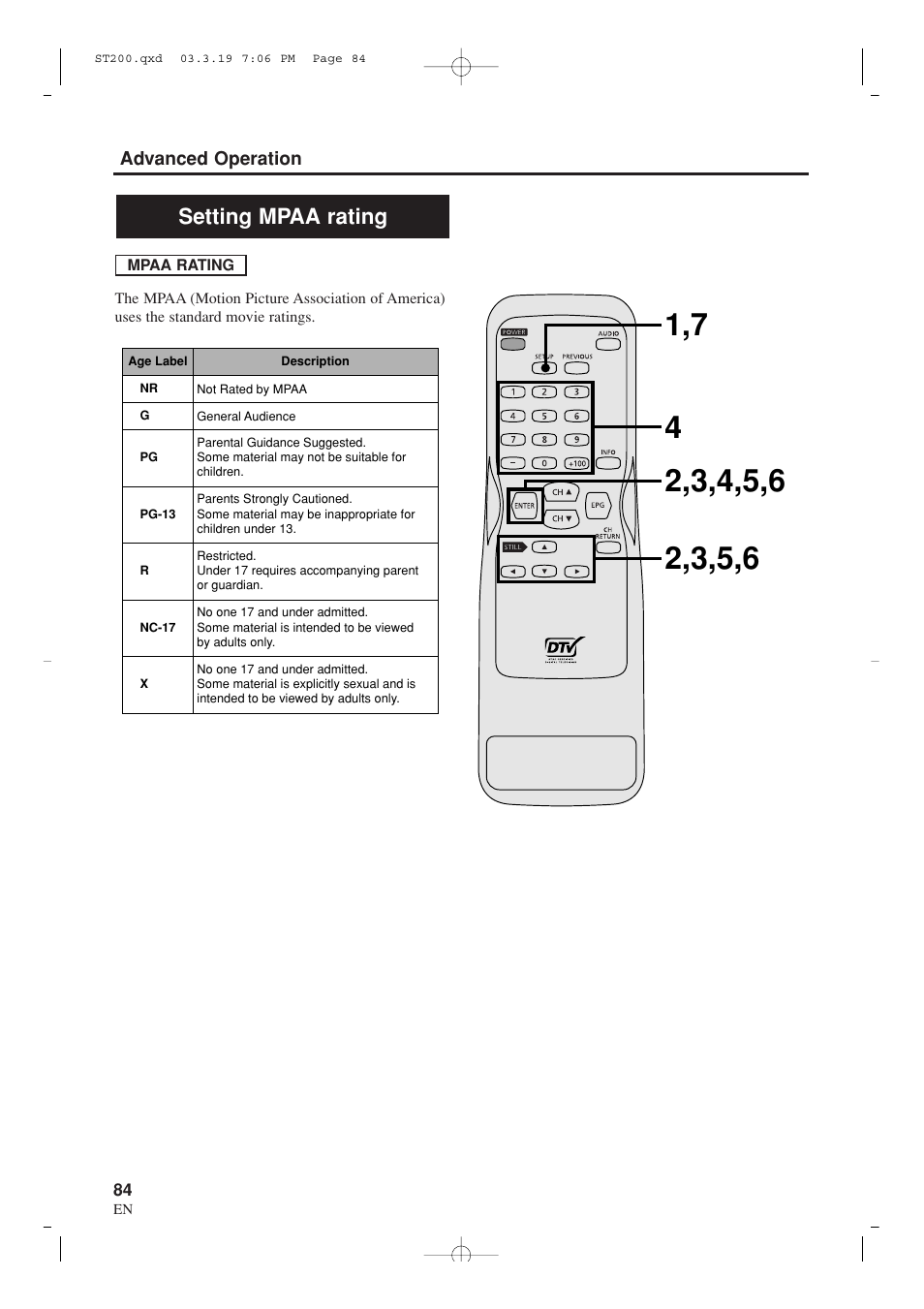 Setting mpaa rating | Sylvania SRZ3000 User Manual | Page 84 / 108