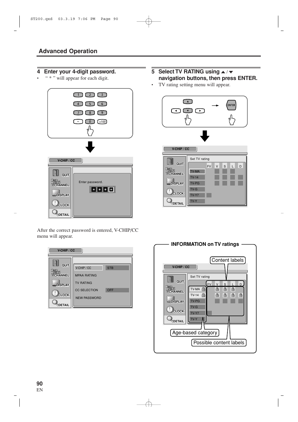 Advanced operation, 4 enter your 4-digit password, 5 select tv rating using | Navigation buttons, then press enter, Tv rating setting menu will appear | Sylvania SRZ3000 User Manual | Page 90 / 108