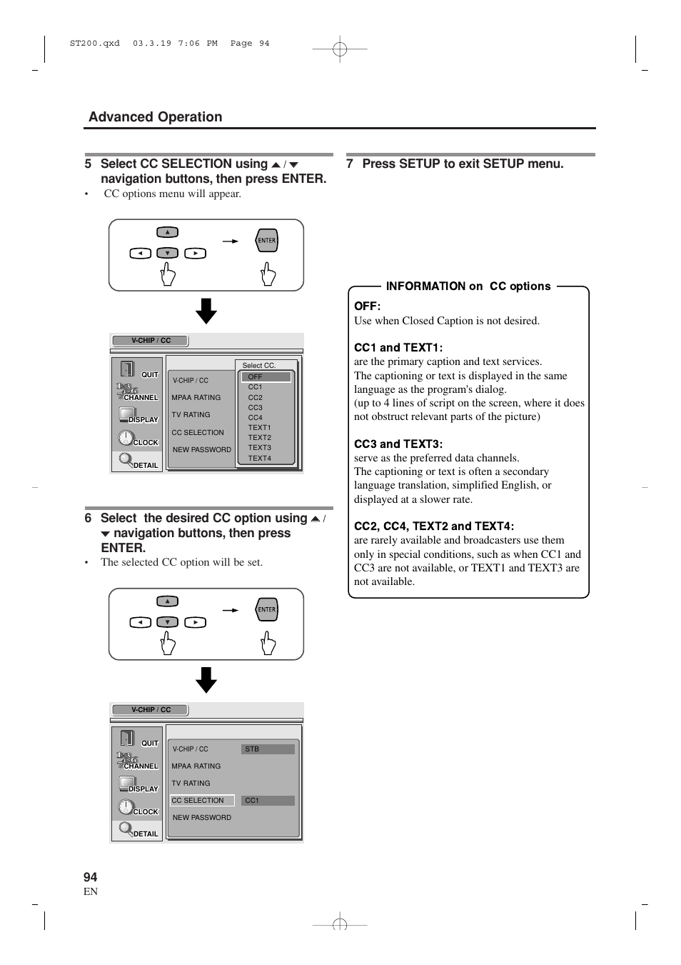 Advanced operation, 5 select cc selection using, Navigation buttons, then press enter | 6 select the desired cc option using, 7 press setup to exit setup menu, Cc options menu will appear, The selected cc option will be set | Sylvania SRZ3000 User Manual | Page 94 / 108