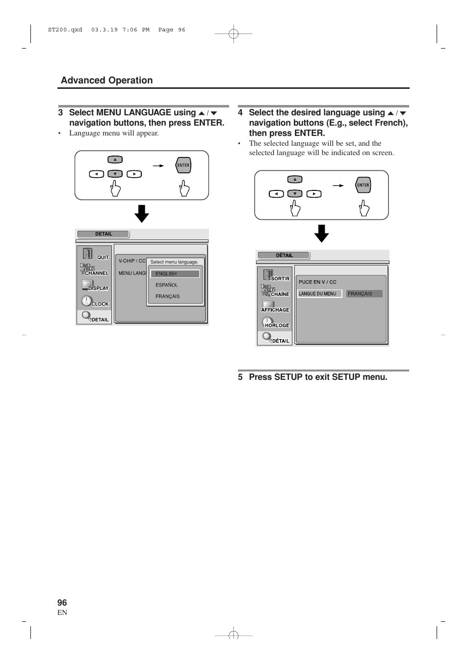 Advanced operation, 3 select menu language using, Navigation buttons, then press enter | 4 select the desired language using, 5 press setup to exit setup menu | Sylvania SRZ3000 User Manual | Page 96 / 108