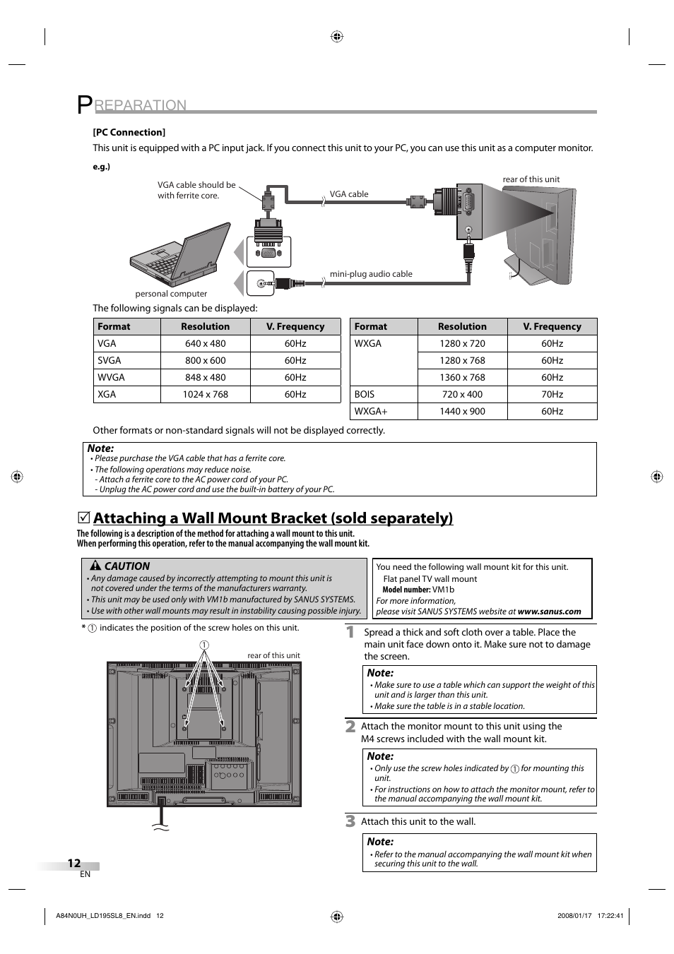 Reparation, Attaching a wall mount bracket (sold separately) | Sylvania LD195SL8 A User Manual | Page 12 / 96