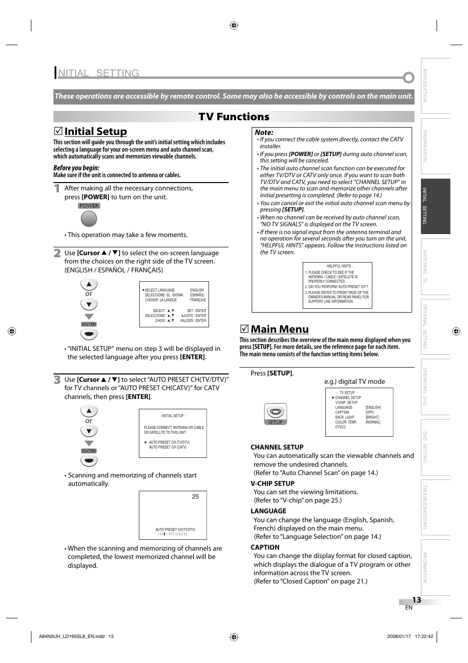 Nitial setting, Initial setup, Main menu | Tv functions | Sylvania LD195SL8 A User Manual | Page 13 / 96