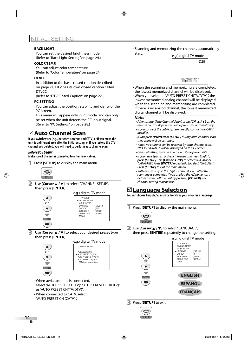 Nitial setting, Auto channel scan, Language selection | Sylvania LD195SL8 A User Manual | Page 14 / 96