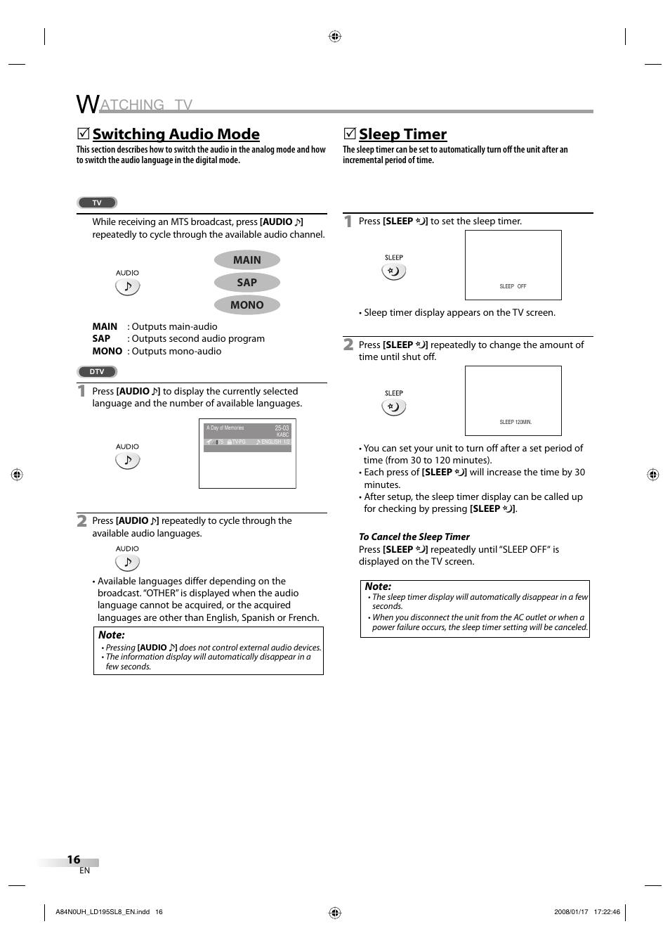 Atching tv, Switching audio mode, 5sleep timer | Sylvania LD195SL8 A User Manual | Page 16 / 96