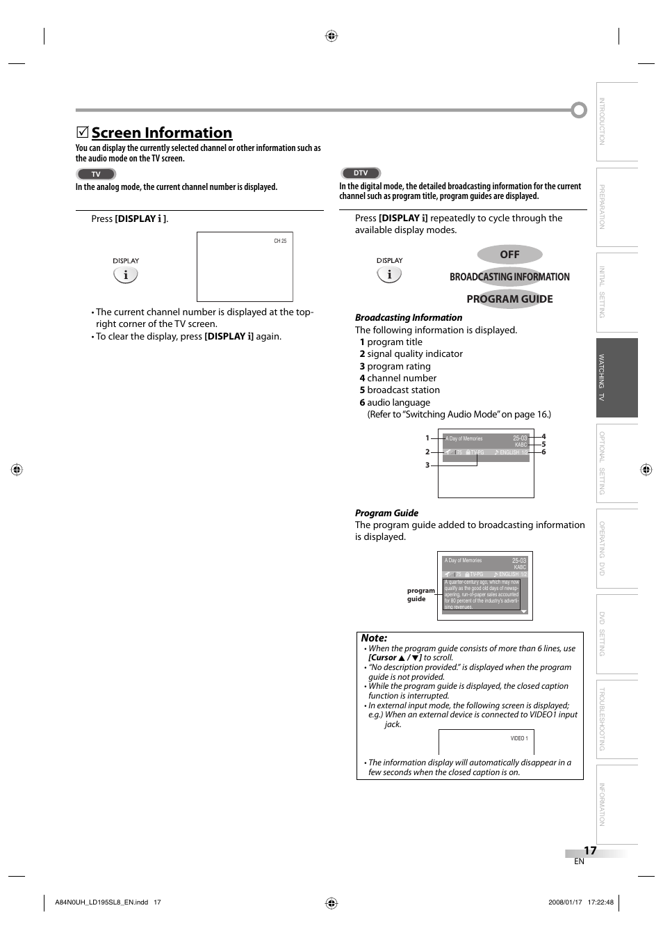 Screen information | Sylvania LD195SL8 A User Manual | Page 17 / 96