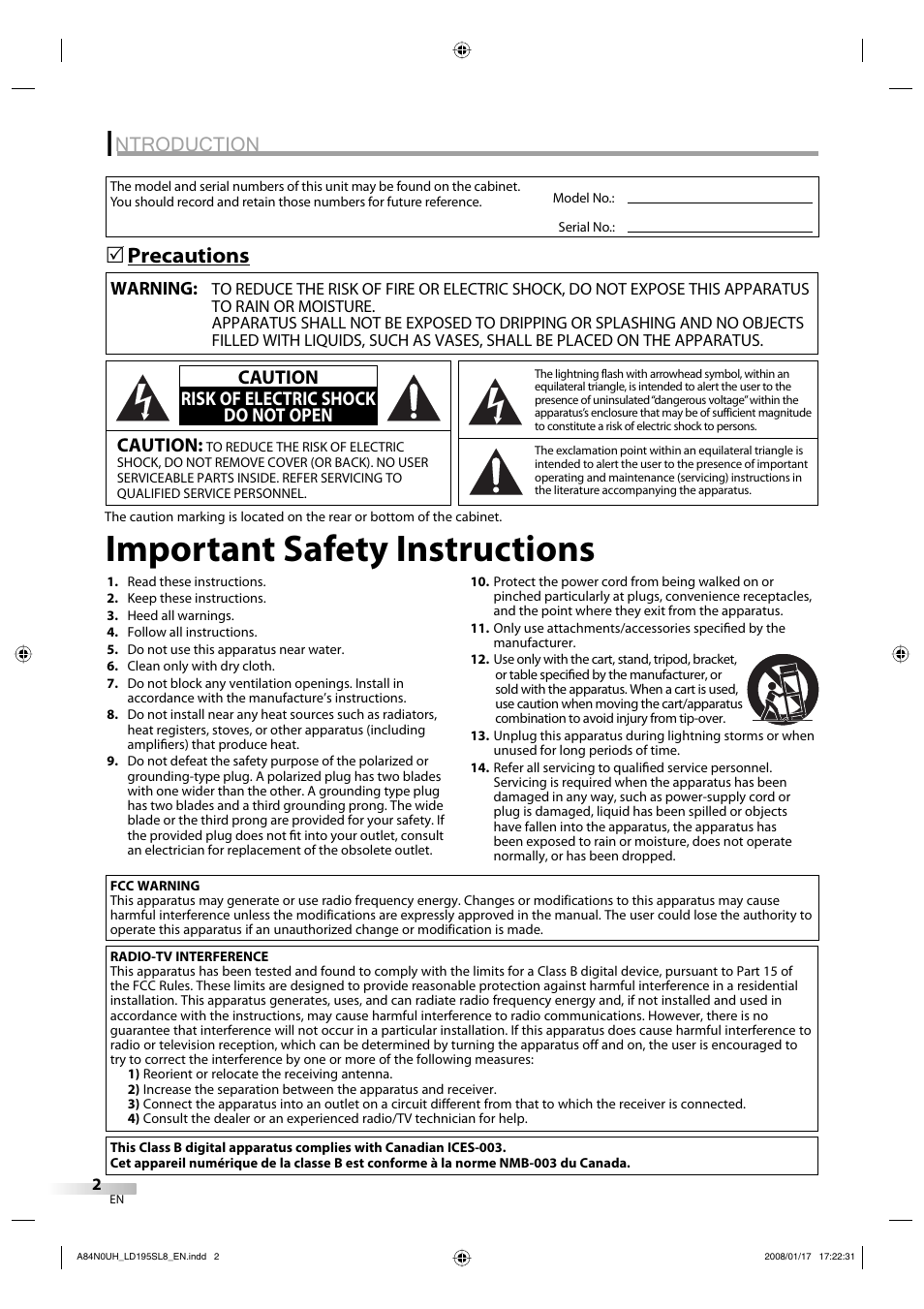 Important safety instructions, Ntroduction, Precautions 5 | Caution, Caution risk of electric shock do not open | Sylvania LD195SL8 A User Manual | Page 2 / 96