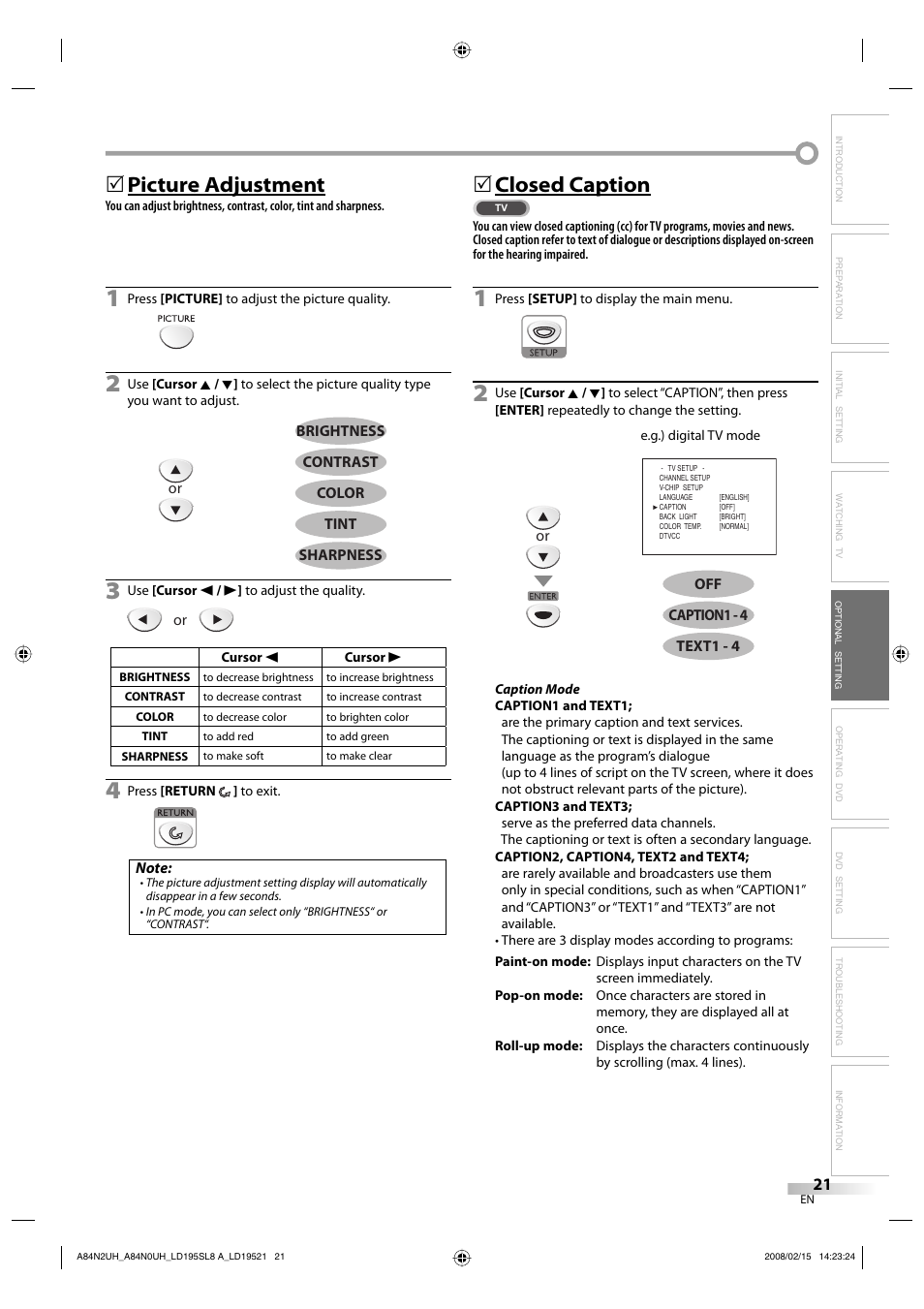 Picture adjustment, 5closed caption | Sylvania LD195SL8 A User Manual | Page 21 / 96
